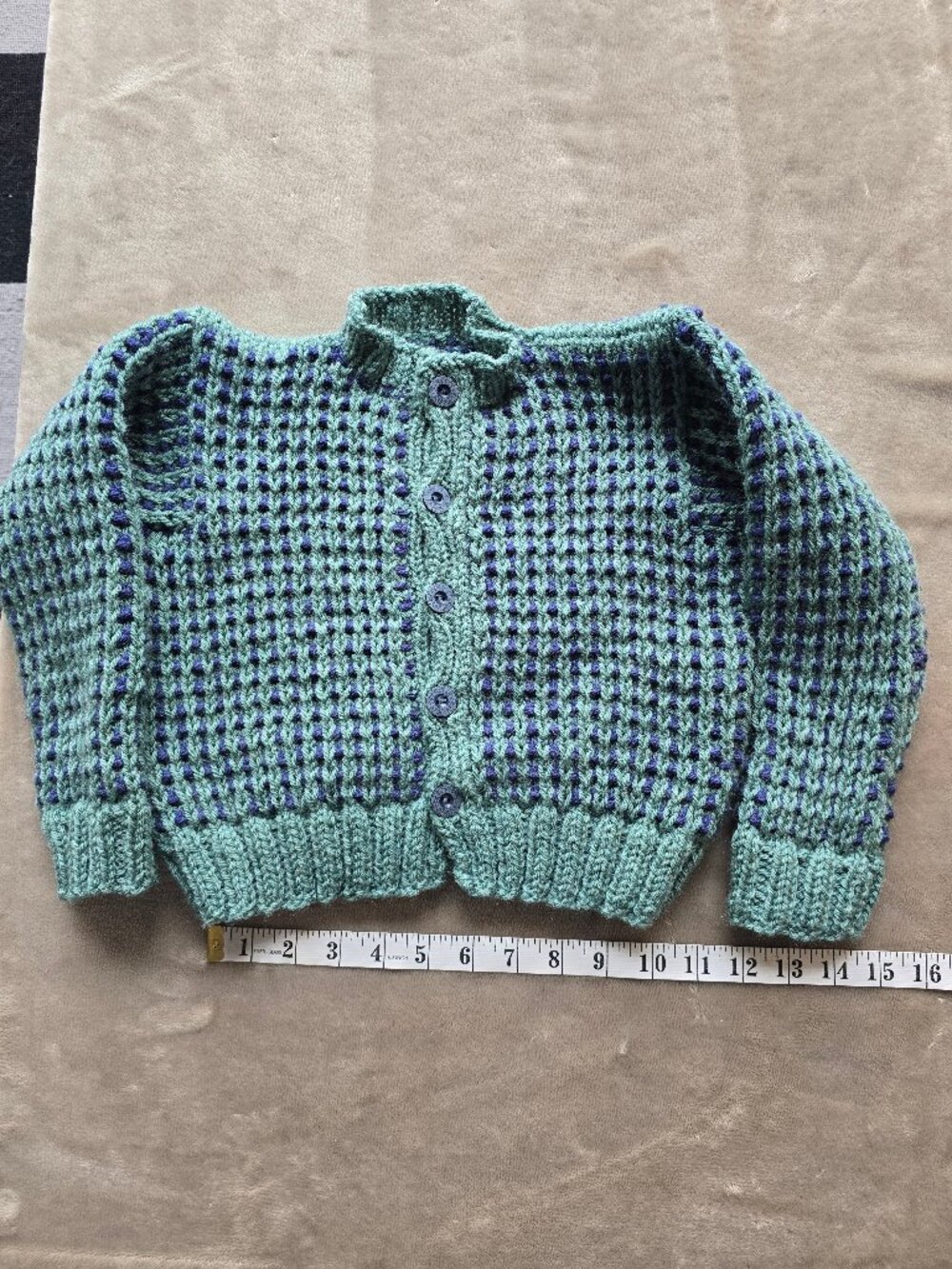 Handmade Knitted Child's Cardigan Sweater – Green & Purple Waffle Knit – Size 4T
